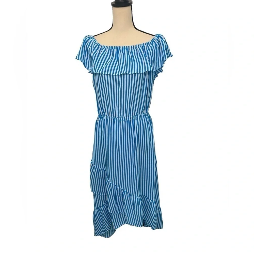 Tommy Bahama Blue White Striped Palm Party Off-the-shoulder Midi Dress Size XL - Picture 2 of 13